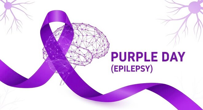 Purple epilepsy awareness ribbon with brain illustration for Purple Day campaign vector design