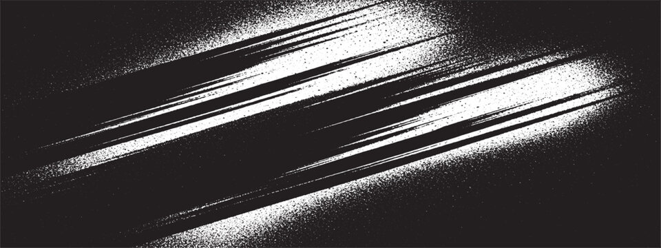 Black and white dynamic brush strokes with grunge texture and splatter, abstract background for design projects