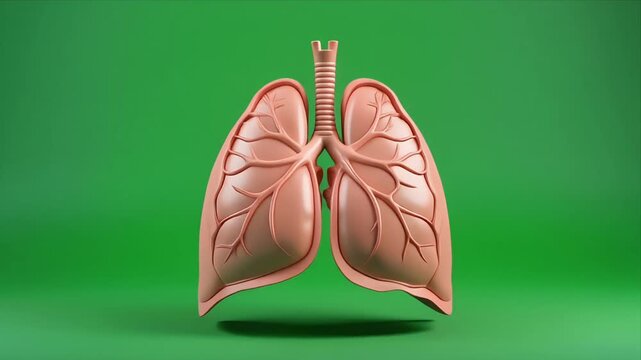 Animated human lungs cross section model on green background.