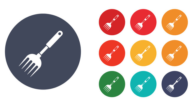 Garden fork tool icon displayed in a large blue circle with nine smaller colorful icon variations on a white background.