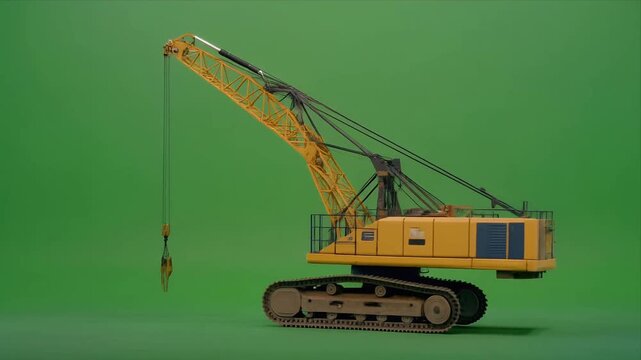 Yellow crawler crane side view with moving hook on green background.
