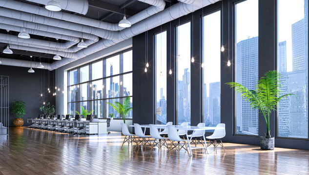 Spacious modern open-plan office with industrial elements, large panoramic windows and minimalist white workstations. 3d illustration