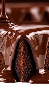 A video shows a close-up of rich chocolate cake being generously drizzled with melted chocolate in a smooth and appetizing motion.