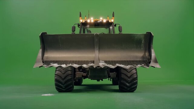 Wheel loader front view bucket motion on greenscreen studio.