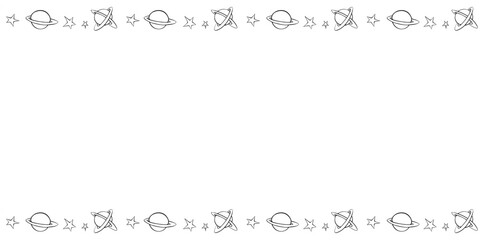Vector frame from planets, stars in doodle style. Horizontal top and bottom edging, border, decoration on theme of space, astronomy, fantastic, kids design © Iuliia