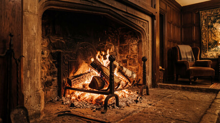 Naklejka premium A cozy, inviting fireplace casts a warm, inviting glow, creating a comforting atmosphere perfect for a relaxing evening.
