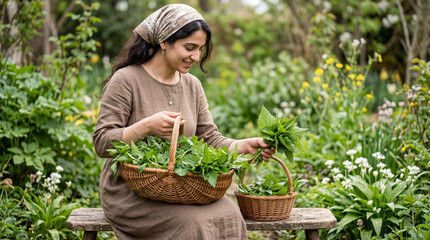 A woman with a headscarf is sitting on a wooden bench in a garden, harvesting fresh greens into baskets. She smiles with contentment while gathering the bountiful produce.