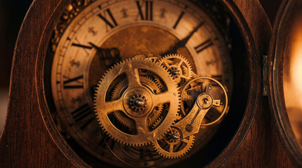 Fototapeta premium A close-up shot of an antique clock with visible gears showcasing the beauty and complexity of horology.