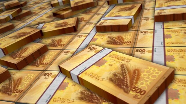 Syria pounds Syrian money banknote bundle loop. 500 SYP money stacks. Concept of business, economy, banking and finance. Camera over cash packs loopable seamless 3d.