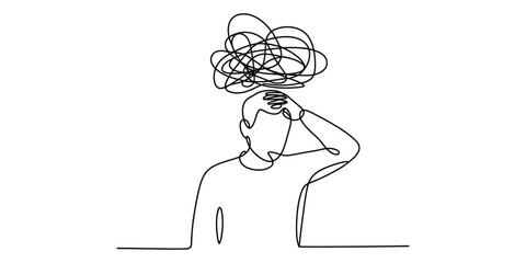 Naklejka premium Single Line Art of Stressed Man with Tangled Thoughts