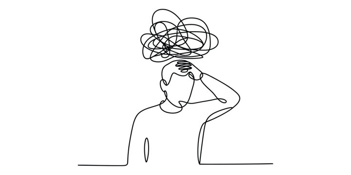 Single Line Art of Stressed Man with Tangled Thoughts