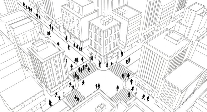 Aerial view of a busy city street intersection with many people walking.