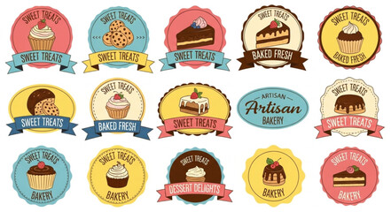 Collection of vintage dessert labels and badges with cupcakes and cakes. © Dodi
