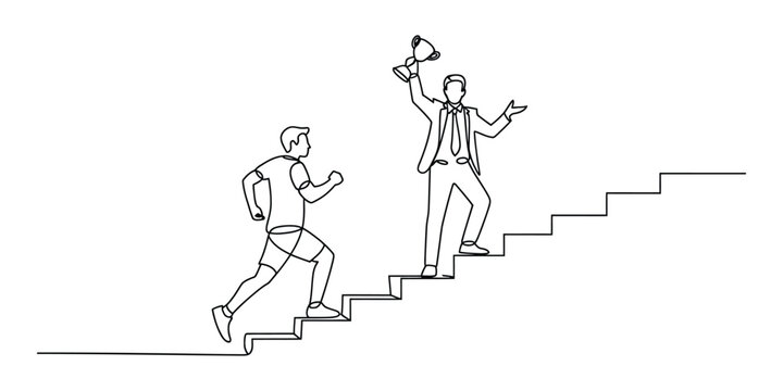 Continuous Line Art of Runner and Businessman with Trophy on Stairs