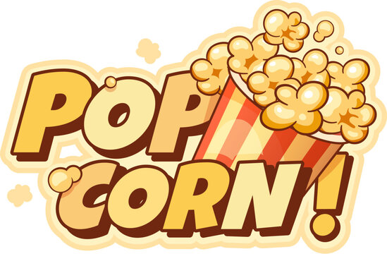 Takeaway popcorn fresh sweetcorn icon or patch. Cinema crunchy dessert icon, movie sweet sweetcorn vector badge. Party fluffy snack cartoon label or emblem with yellow typography and popcorn bucket
