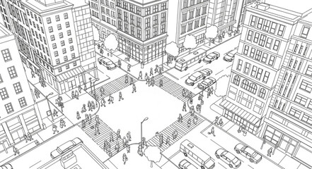 Detailed Architectural Drawing of a Bustling City Square. © Dodi