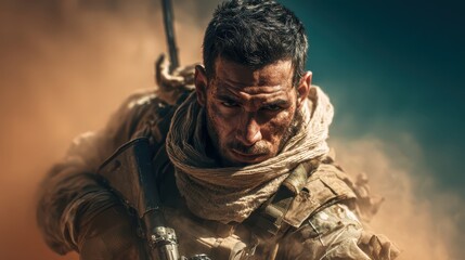 Close up frontal portrait of a rugged soldier with a scarf and rifle, looking directly at the camera through a thick haze of desert sand.