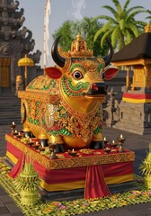 Fototapeta premium Ornate golden bovine sculpture adorned with rich carvings sits upon an offering platform at a religious complex