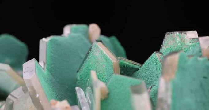 Malachite on baryte "Arrow Head Pocket". From Shangulow&eacute; Mine, Kambove, Haut-Katanga, DR Congo. macro footage detail texture background. close-up mineral crystal unpolished semi-precious gemstone