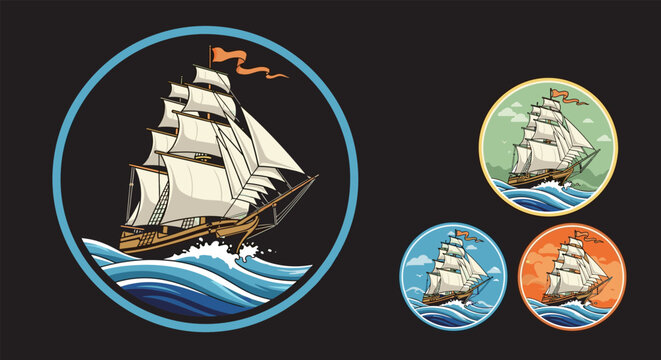 Vintage sailing ship on waves in various color circles for maritime history nautical decor travel agency logos and adventure themes.