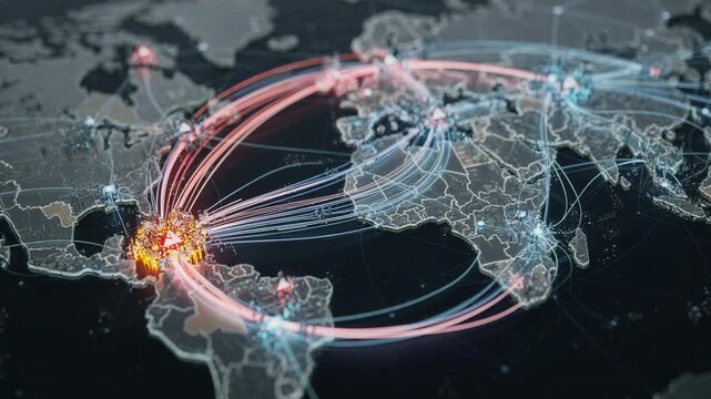 Closeup medium shot of fiber network visualization emphasizing fault detection points and the realtime rerouting algorithm with the fault zones sharply detailed against a blurred