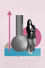 Pop poster collage of person use device stand near stock coins arrow up on pink background