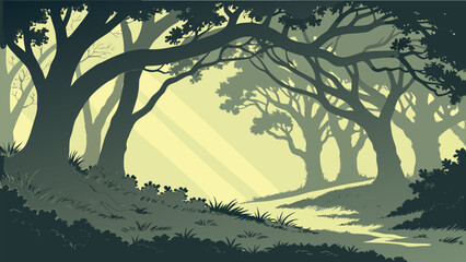 Enchanted Forest Landscape with Sunbeams and Ancient Trees © SABIHA