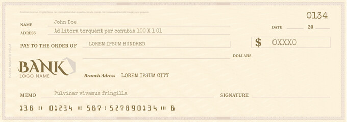 Fototapeta premium Bank check template, checkbook cheque, vector blank money chequebook with abstract pattern and fields. Currency payment coupon, or banknote background, bank note, voucher, gift certificate mockup