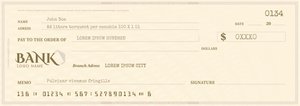 Bank check template, checkbook cheque, vector blank money chequebook with abstract pattern and fields. Currency payment coupon, or banknote background, bank note, voucher, gift certificate mockup