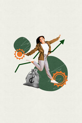 Poster 3d image photo collage  of happy businesswoman businessman stand arrow development dollar...