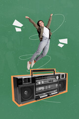 Creative image collage of person stand on big huge boom box over pastel color background
