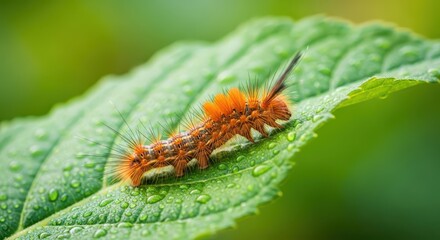Fototapeta premium Hairy orange larva traverses a vibrant green leaf covered in dew droplets