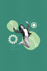 Naklejka premium 3d sketch image vertical collage of happy businesswoman businessman stand graph development path gearwheel setting progress