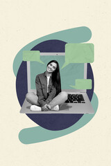 Creative art collage of person sit netbook with speech bubble on pastel background