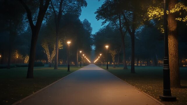 Calm park walkway with glowing streetlights at twilight.