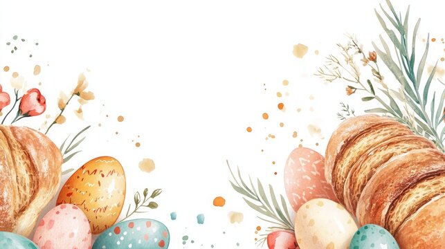 Flat lay Easter food composition with bread eggs and decorations on white background.