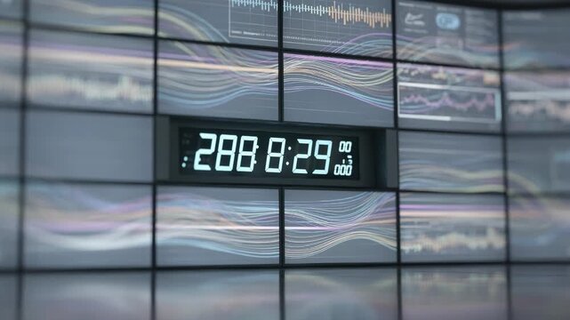 Focused image of a multiscreen control room wall displaying continuous waveforms and channel streams the clock panel prominently in focus other elements softly blurred.