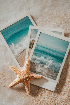 Beach Memories with Instant Photos and Starfish, AI generative