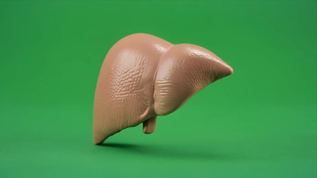 Realistic human liver anatomy rotating on green background.