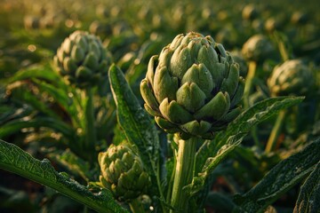 Obraz premium Artichoke plants with ripe purplish flower heads growing in the agricultural field ready to harvest. Close-up farm with artichoke plants. Natural growth and organic farming practices. Golden sunlight