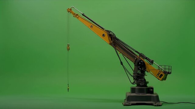 Yellow industrial crane jib rotating on greenscreen with hanging hook and cable.