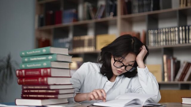Stressed asian student studying hard in library