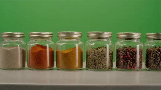 Glass spice jars arranged on shelf against green background.