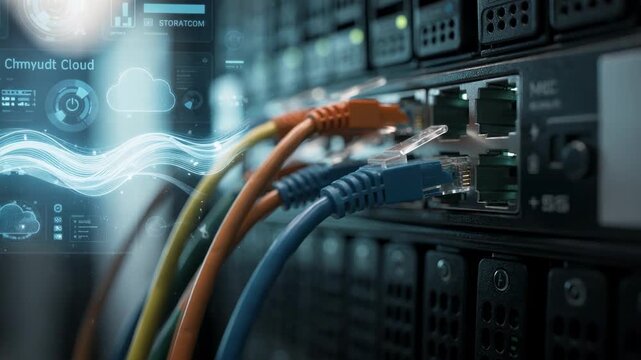 Closeup on network cables plugged into NAS racks prominently focused with softly blurred hybrid cloud interface screens emphasizing data flow and storage integration.