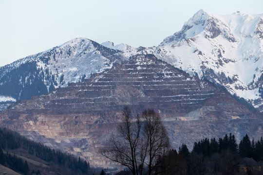 The landmark "Styrian Erzberg" in Eisenerz, with the summit of the Eisenerzer Reichenstein mountain in the background.