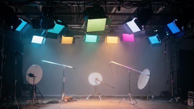 Dynamic medium shot showcasing colorful gels on studio lights arranged on a ceiling grid casting vibrant hues on an unoccupied production set.