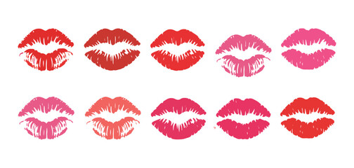 Set of ten vibrant red and pink lip imprints isolated on white background conveying love and romance