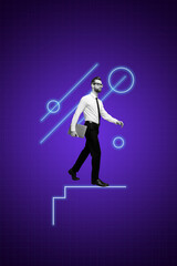 Poster 3d image banner collage of serious businessman walk cyber ladder aim achievement success...