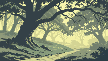 Fototapeta premium Atmospheric Misty Forest Landscape with Oak Trees and Winding Path Vector Illustration