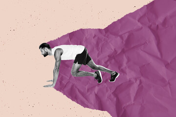 Trend artwork collage template sketch of health training young man athlete run race jogging care...